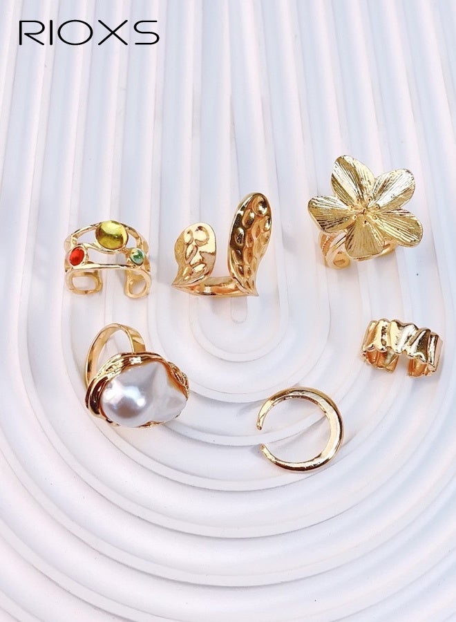 RIOXS Women's Gold Ring Set of Five, Baroque-inspired Open-Back Adjustable Bands, Set with Cultured Pearls and Crystal Gemstones, Crafted Exclusively for Ladies, Floral Openwork Bohemian Ring Set with Natural Textured Bands, Perfect for Evening Parties and Artistic Layered Looks - Image 3